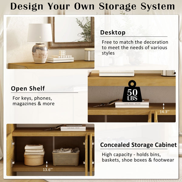 English Elm U_Style 60" Minimalist Sideboard - Durable Solid Wood Veneer Console With Open Shelf & Versatile Storage N711P289132O-GIGA