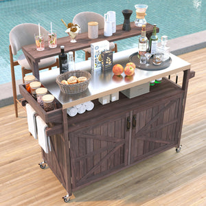 English Elm K&K 53.3" Outdoor Kitchen Island with 1.2" Stainless Top, Spacious Storage, Raised Shelf, Wheels Brown N707P250628Z