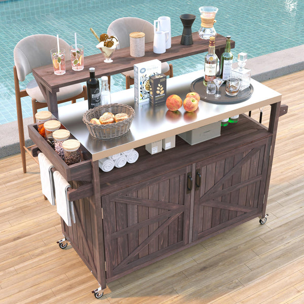 English Elm K&K 53.3" Outdoor Kitchen Island with 1.2" Stainless Top, Spacious Storage, Raised Shelf, Wheels Brown N707P250628Z