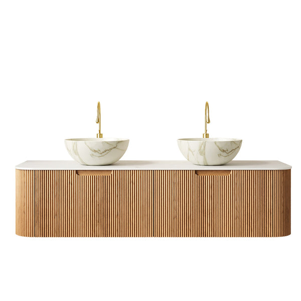 English Elm Dina 60 Inch Floating Bathroom Vanity Sintered Stone Top Dual Glass Basins Wood Grain Natural Wood,White W2615S00696