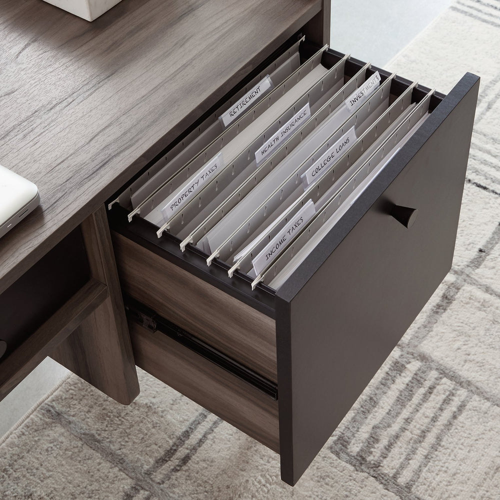 English Elm Desk, Gray finish - Modern Engineered Wood Office Desk with Smooth-Glide Pencil & File Drawers, Compact Durable Design B356P367870