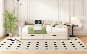 English Elm Upholstered Twin Daybed with Linen Tufted Back Nailhead Arms and Storage Drawers W1670P391274