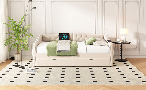 English Elm Upholstered Twin Daybed with Linen Tufted Back Nailhead Arms and Storage Drawers W1670P391274