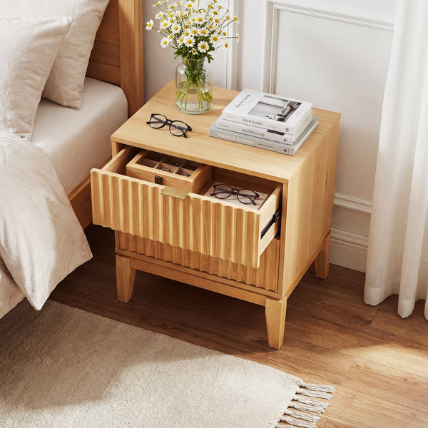 English Elm Natural Rubber Wood Fluted 2 Drawer Nightstand with Gold Pulls for Modern Bedrooms N758P386962N
