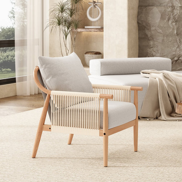 English Elm Braid Armchair Mid Century Modern Linen Wood Accent Chair with Ergonomic Support and Plush Cushioning Beige T3623P409102