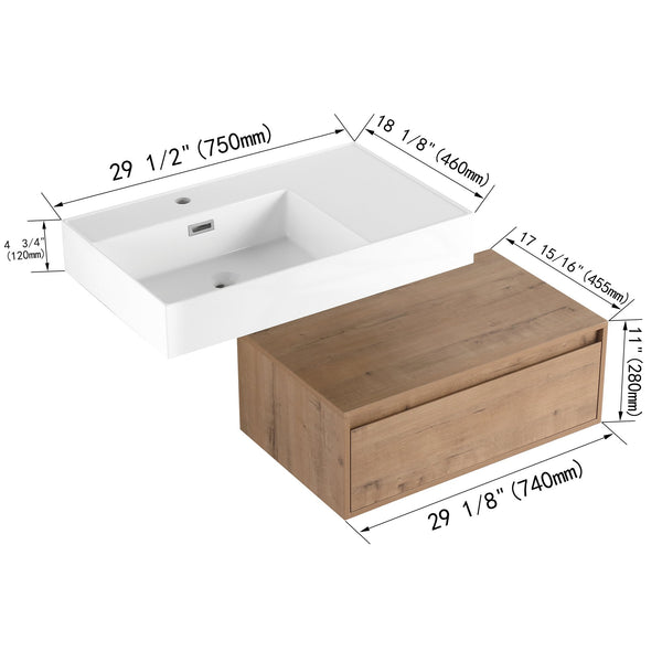 English Elm 30 Inch Wall-Mounted Bathroom Vanity With Resin Sink, Soft Close Drawer & Modern Oak Finish W999S00257