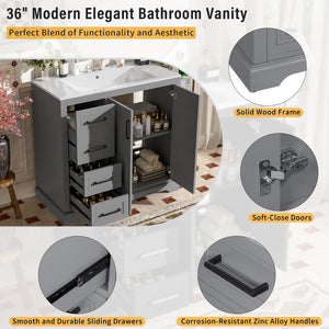 English Elm 36" Modern Bathroom Vanity with Ceramic Sink, Soft-Close Doors, 3 Drawers & Ample Storage for Small Baths Gray N729P280194E