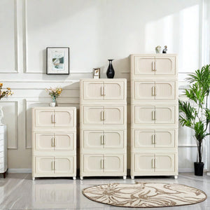 English Elm Cream White 5-Tier Folding Storage Cabinet With Magnetic Door & Wheels – Versatile Space-Saving Solution W2873P239386