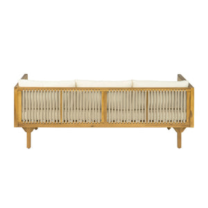 English Elm Outdoor Acacia Wood Sofa with Woven Rope Accents Teak Finish Patio Seating Light Brown,Teak+ Beige N770P354675B