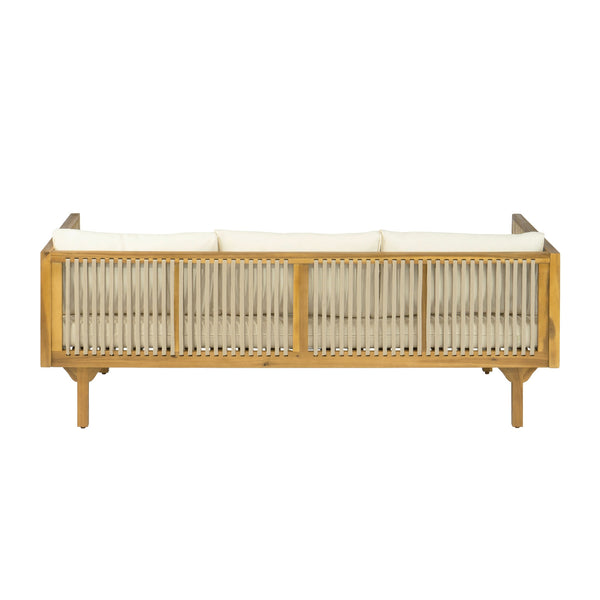 English Elm Outdoor Acacia Wood Sofa with Woven Rope Accents Teak Finish Patio Seating Light Brown,Teak+ Beige N770P354675B