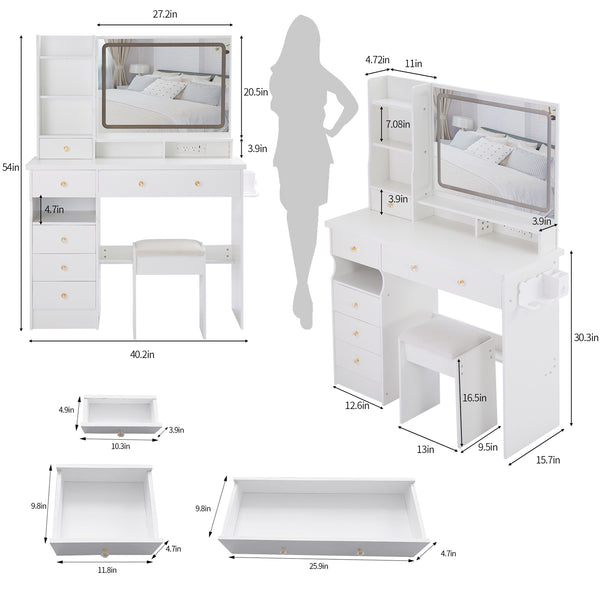 English Elm 41" Large Desktop Vanity Table Set With Cushioned Stool, Led Mirror, Power Station & Hair Dryer Stand W936P230830