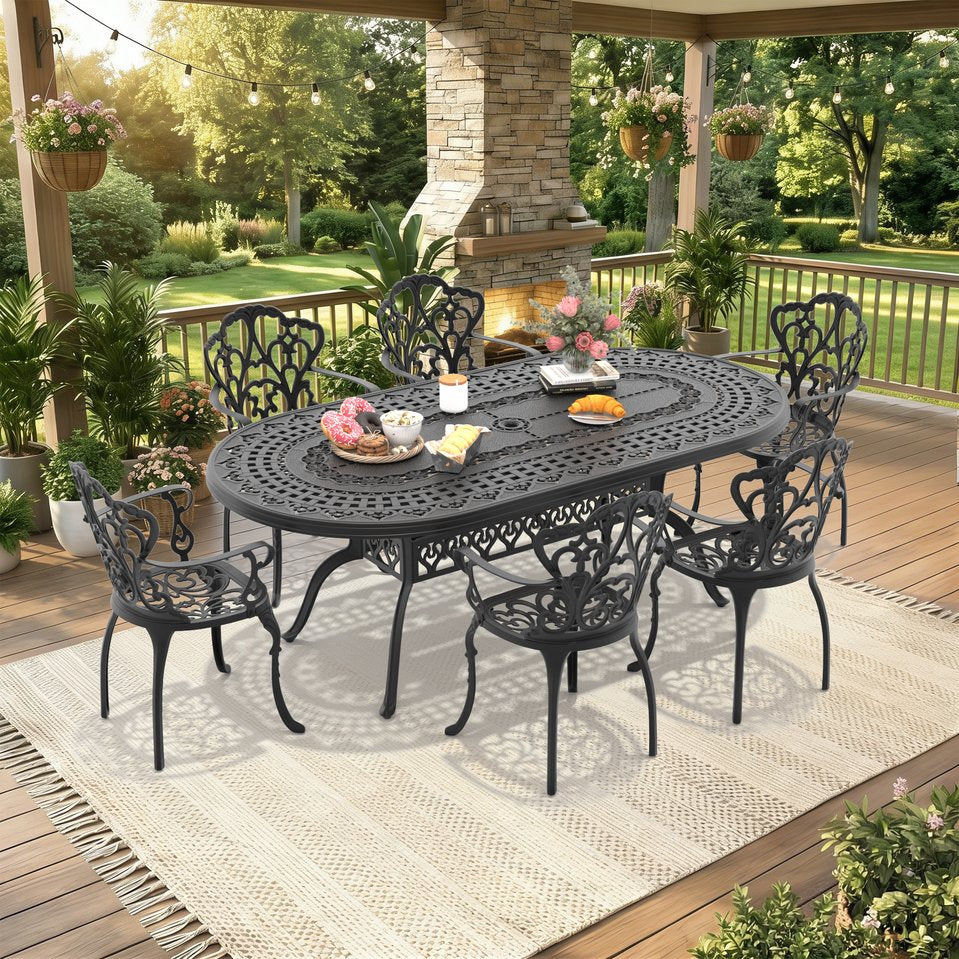 English Elm 7-piece Cast Aluminum Outdoor Dining Set with Ornate Petal Frame and Cushioned Seats W1710S00597