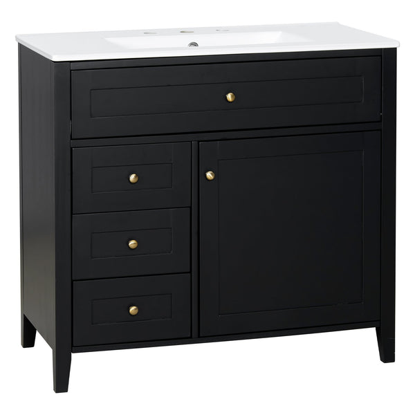 English Elm 36-Inch Black Bathroom Vanity With Sink – Modern Design, 3 Drawers, Adjustable Shelf For Storage N725P350821B