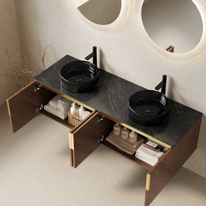 English Elm Dina 60 Inch Floating Bathroom Vanity Sintered Stone Top Dual Glass Basins Wood Grain W2615S00452