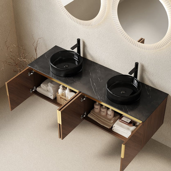 English Elm Dina 60 Inch Floating Bathroom Vanity Sintered Stone Top Dual Glass Basins Wood Grain W2615S00452