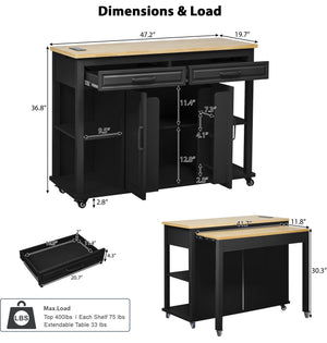English Elm K&k Farmhouse Kitchen Island Extendable Table Rubber Wood Veneer Built-in Charging Storage Black N707S215327B