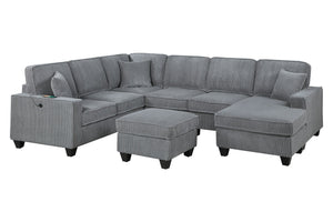 English Elm Dark Corduroy U-shaped Sectional Set with Usb Charging Ottoman and Plush Cushions Fog B011S02190