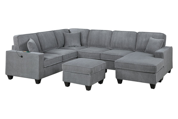 English Elm Dark Corduroy U-shaped Sectional Set with Usb Charging Ottoman and Plush Cushions Fog B011S02190