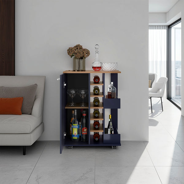 English Elm Bar Cart Alby Blue & Natural Oak 32.3" H with 1 Door and 10 Shelves — Compact Stylish Storage Solution B097P395893