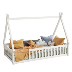 English Elm Twin Teepee Floor Bed With Guardrails - Cozy, Modern Design For Safe Independent Sleep Space W504P345776-GIGA