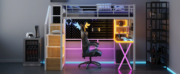 English Elm Twin Metal Loft Bed with Desk, Wardrobe & LED Lighting — Space-Saving Twin Loft with Storage Staircase GX000662AAK