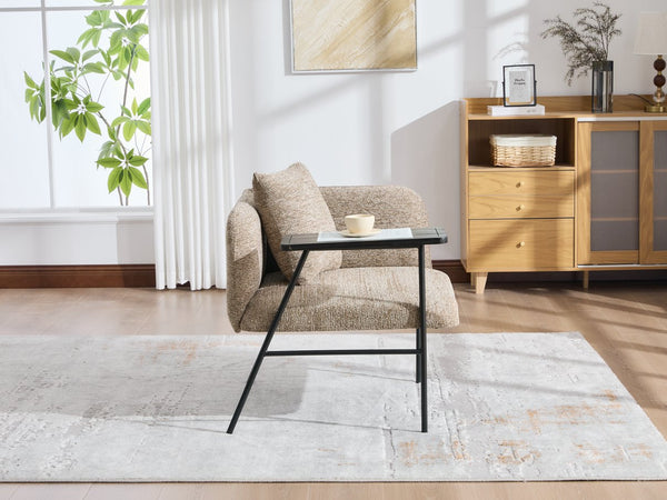 English Elm Leisure Linen Accent Chair with Built-in Side Table Pockets and Lumbar Pillow Modern Khaki W395P453308