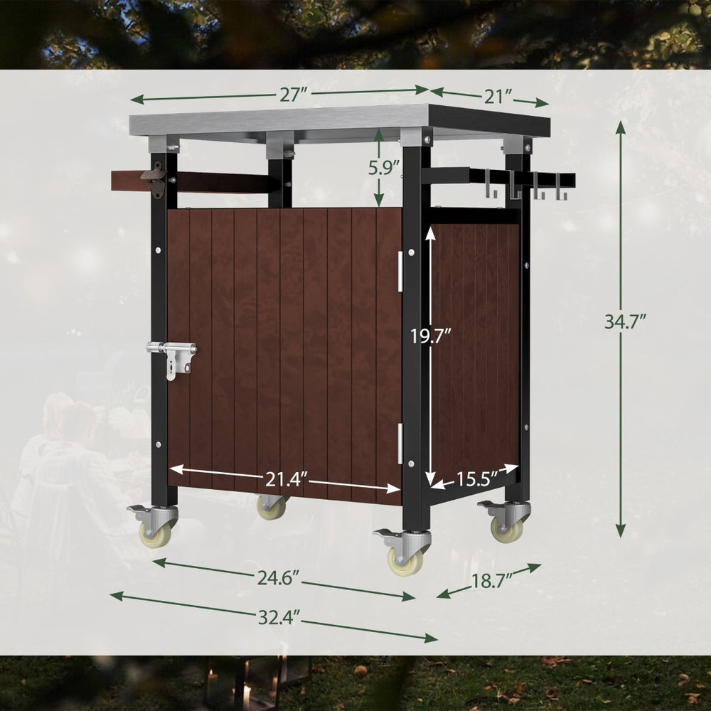 English Elm Outdoor Grill Cart – Stainless Steel Tabletop & Storage, Mobile Bbq Island With Hooks & Spice Rack W1422P212119-GIGA