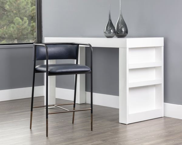 Sunpan Brenan Counter Stool - Elegant Curved Backrest, Unique Faux Leather, Black Metal Frame & Brass Caps Bravo Admiral