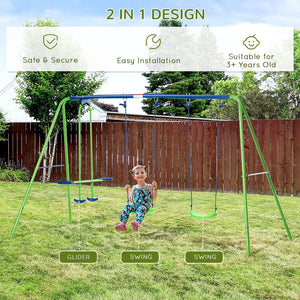 English Elm Outsunny Heavy Duty Metal A-frame Swing Set with Glider for Backyard Play W2225P229623