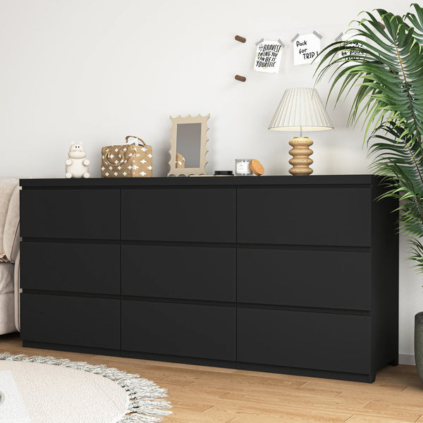 English Elm 9 Drawer Matte Black Dresser Push Open Handleless Design Wide Bedroom Storage Chest W409P334005