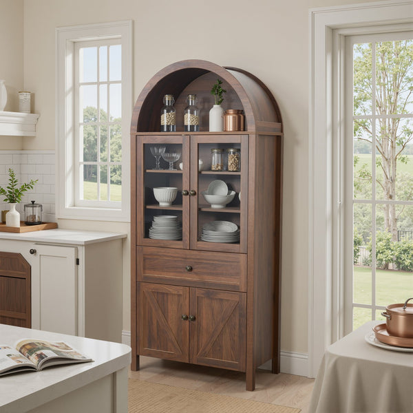 English Elm Dome Top Apothecary Cabinet Antique Inspired Tall Storage with Arched Silhouette Walnut,Walnut Brown W1785S00001