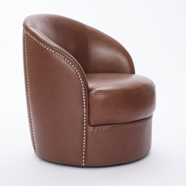 English Elm Brown Top-Grain Leather Swivel Accent Chair with 360° Silent Spin, Riveted Mid-Century Lounge, Sturdy 150kg Base W570P386950