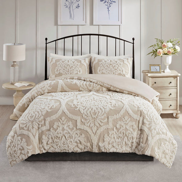 English Elm King/Cal Viola 3-Piece Tufted Cotton Chenille Damask Duvet Cover Set – OEKO-TEX, Button Closure, Cottage Chic Comfort B03597348