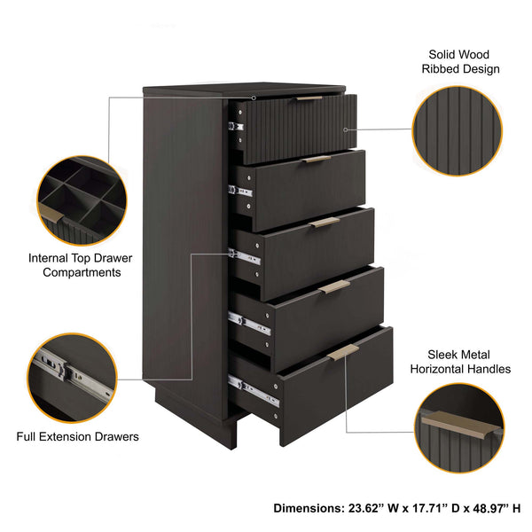 English Elm Granville 24" Charcoal Gray 5-Drawer Chest With Gold Handles & Organizer For Stylish Storage Solutions B365S00072