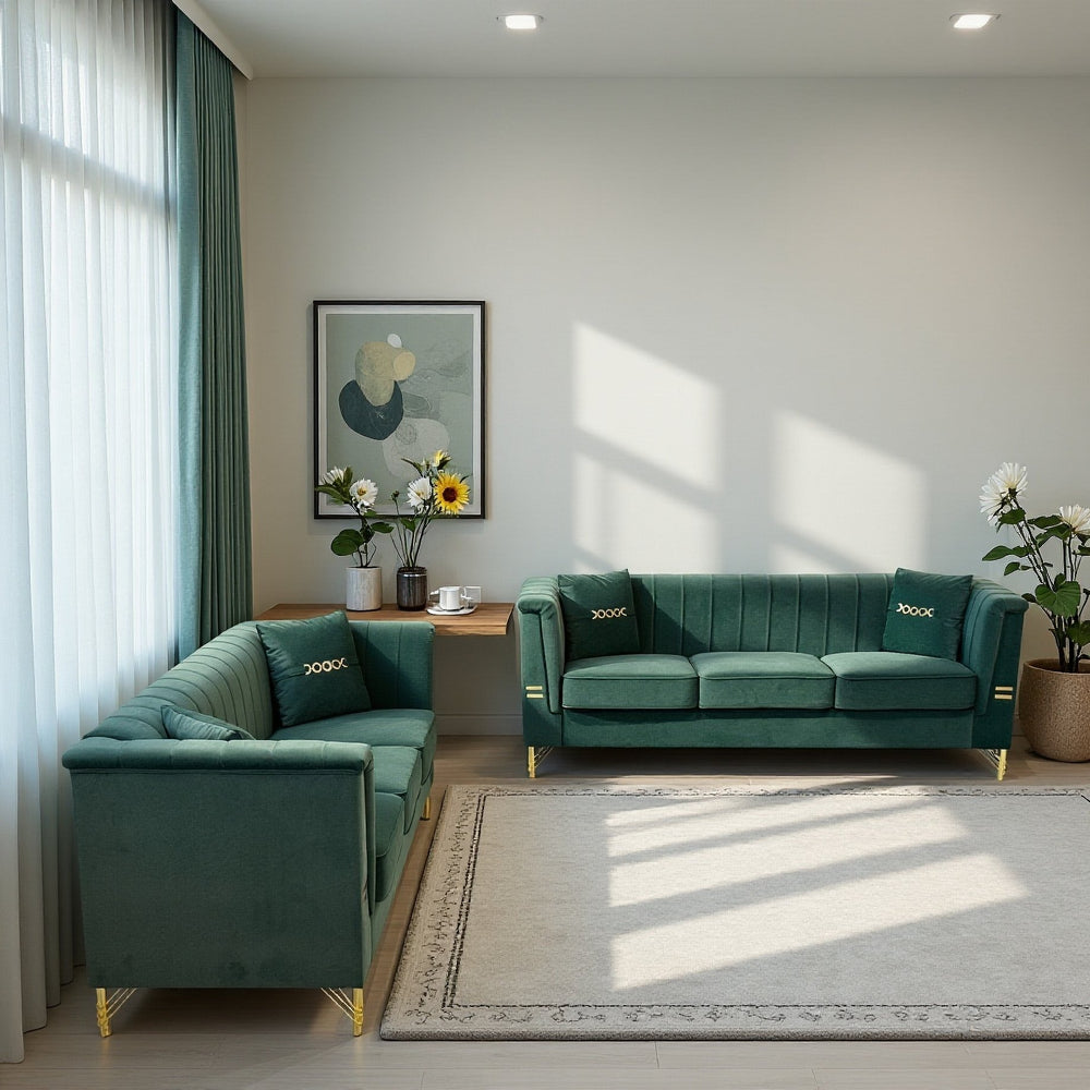 English Elm FX-P82-2PC Velvet Sofa Set of 2, Plush Tufted 3-Seater Sofas with Gold Legs for Stylish Living W576S00242