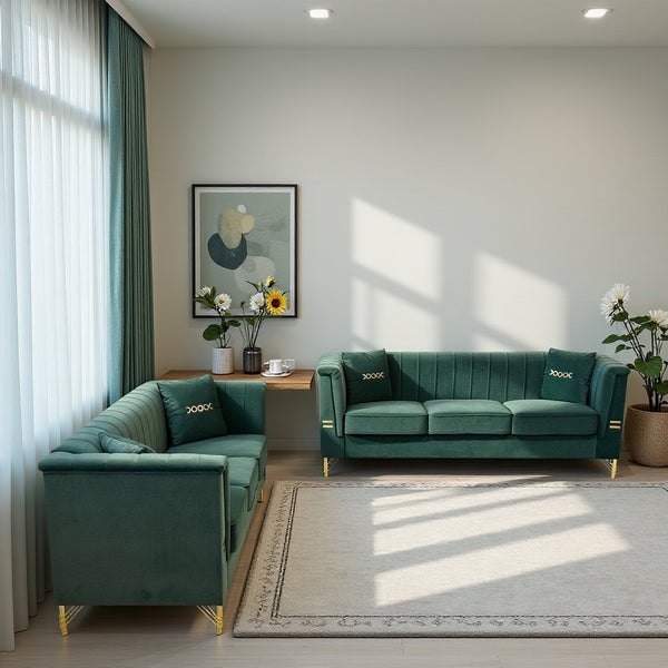 English Elm FX-P82-2PC Velvet Sofa Set of 2, Plush Tufted 3-Seater Sofas with Gold Legs for Stylish Living W576S00242