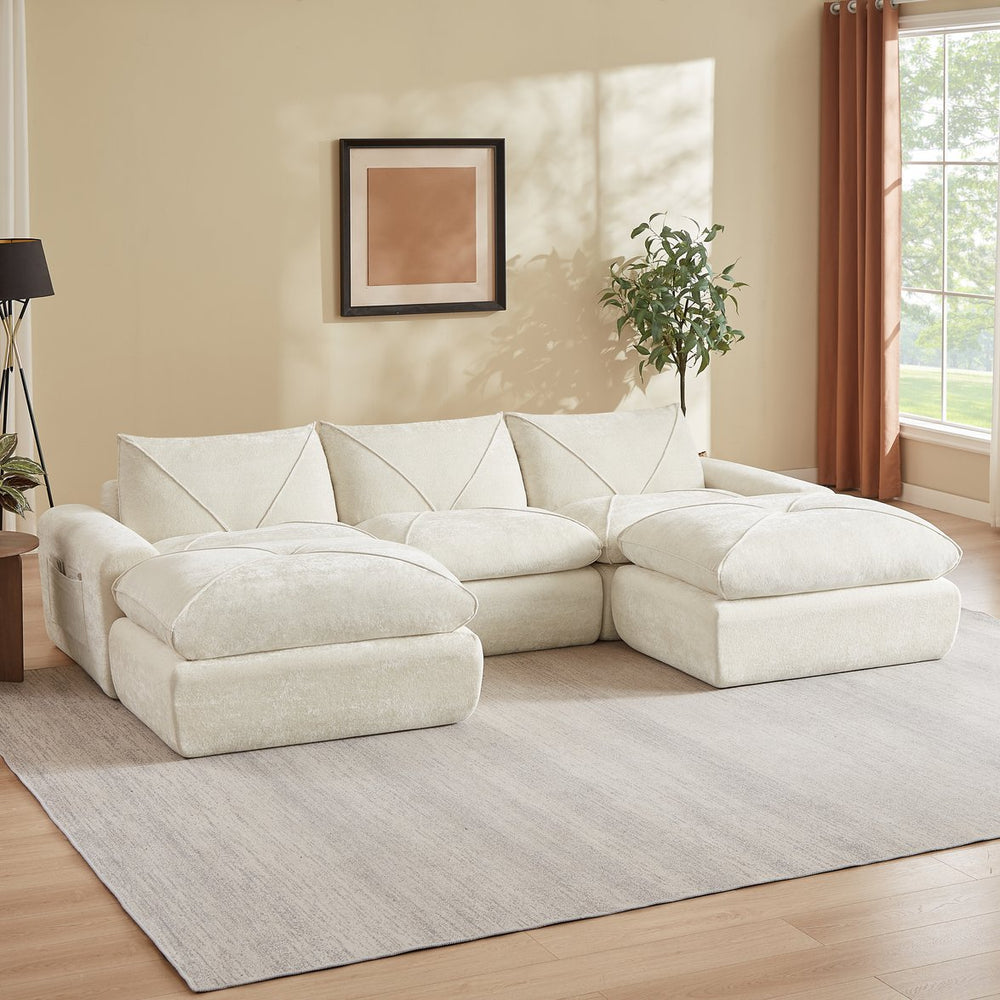 English Elm Modern Chenille Modular Sectional Sofa with Foot Pedals for Living Room Comfort Beige W3396S00066