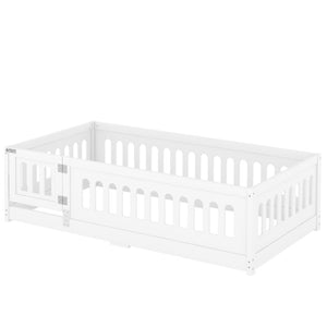 English Elm Twin Size Floor Bed With Safety Guardrails & Built-In Door - Cozy Solid Wood Frame For Kids’ Rooms W1820P240536-GIGA