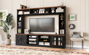 English Elm 95.5" Wide Modern Farmhouse Wall Unit with Tempered Glass Cabinets and Bookshelf Storage Black SJ000157AAB