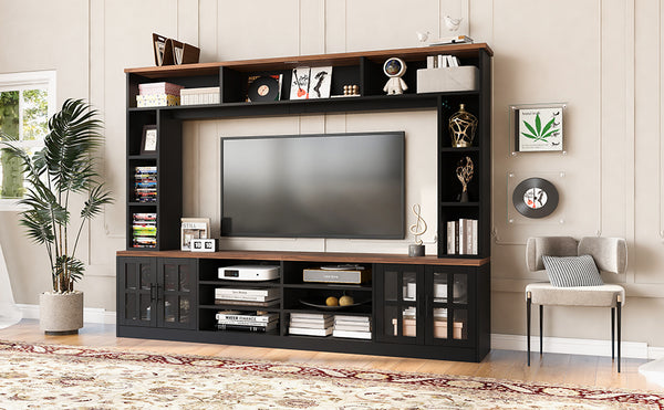English Elm 95.5" Wide Modern Farmhouse Wall Unit with Tempered Glass Cabinets and Bookshelf Storage Black SJ000157AAB