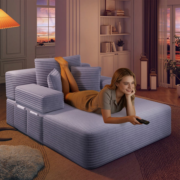 English Elm Luxurious Corduroy Frameless Chaise Sofa Bed with Spring Cushion and Storage Pocket Purple W3219P496264
