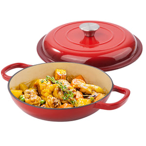 English Elm 3 Quart Enameled Cast Iron Braiser Red – Nonstick Dutch Oven Skillet with Lid, Oven/Grill Safe to 500°F, Even Heat T3950P399256