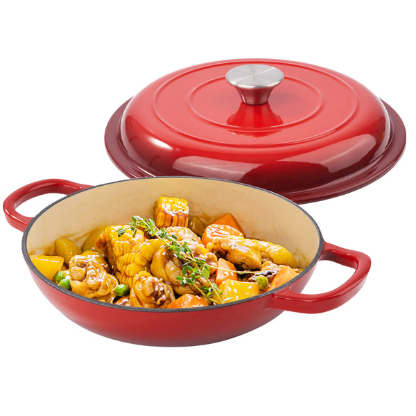 English Elm 3 Quart Enameled Cast Iron Braiser Red – Nonstick Dutch Oven Skillet with Lid, Oven/Grill Safe to 500°F, Even Heat T3950P399256