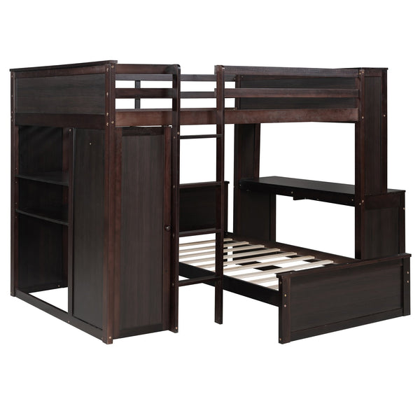 English Elm Full Twin Loft Bed with Desk Wardrobe Shelves Pine Wood Frame Kids Bedroom Espresso LT000821AAP-1