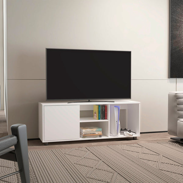 English Elm Tv Stand with Three Open Shelves for Media Storage and Decor, Slim Profile, Eco-Friendly Engineered Wood White 52.76 L x 20.47 W x 4.72 H B097P296851