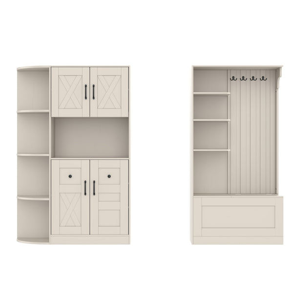 English Elm Multifunctional Modular Hall Tree Cabinet with Open Shelves and Hooks for Entryway Beige W1580S00565