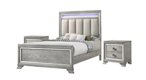 English Elm Modern Queen Size Panel Bed 3pc Set with Tufted LED Headboard, Soft Gray Wood Grain Nightstands, Elegant Storage B2741S00106