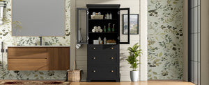 English Elm 70.1" Modern Tall Storage Cabinet with 3 Drawers, 2 Adjustable Shelves, Soft-Close Glass Doors, Gold Handles Black N729P271979B