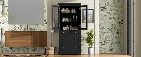 English Elm 70.1" Modern Tall Storage Cabinet with 3 Drawers, 2 Adjustable Shelves, Soft-Close Glass Doors, Gold Handles Black N729P271979B