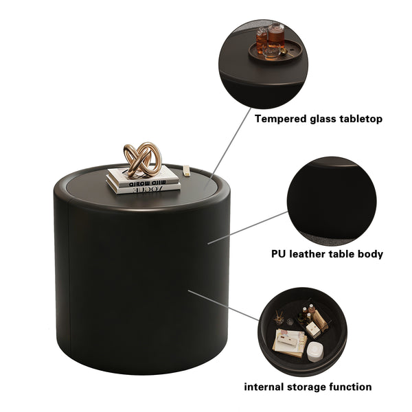 English Elm Black Round Pu Leather Coffee Table with Tempered Glass Top and Hidden Storage Black W3081P442394